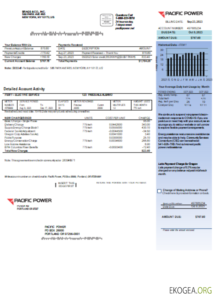 Facture commerciale du service public de Pacific Power, page 1, SCR